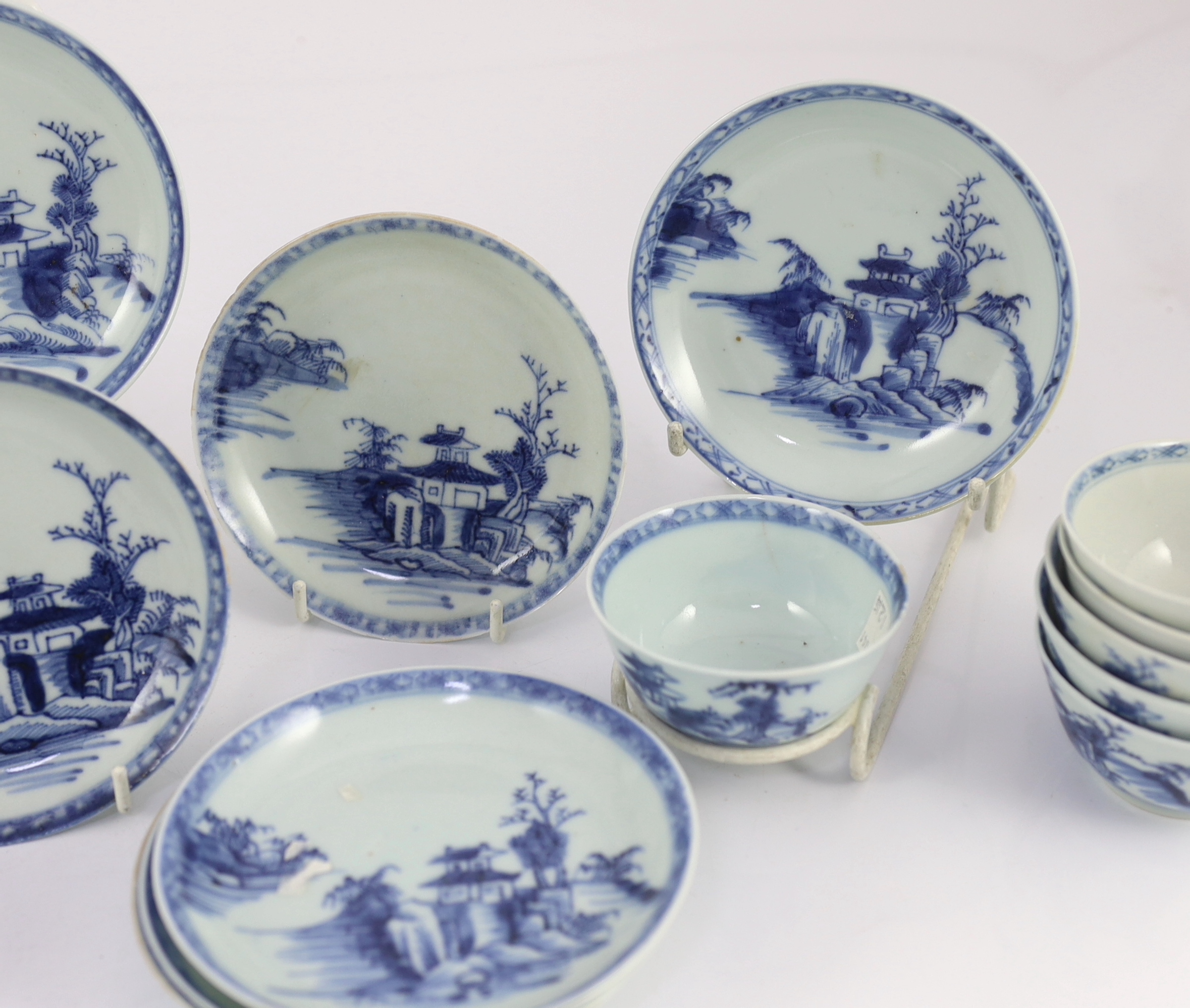 Twelve Chinese blue and white ‘Pagoda Riverscape’ tea bowls and saucers, Nanking Cargo, c.1750